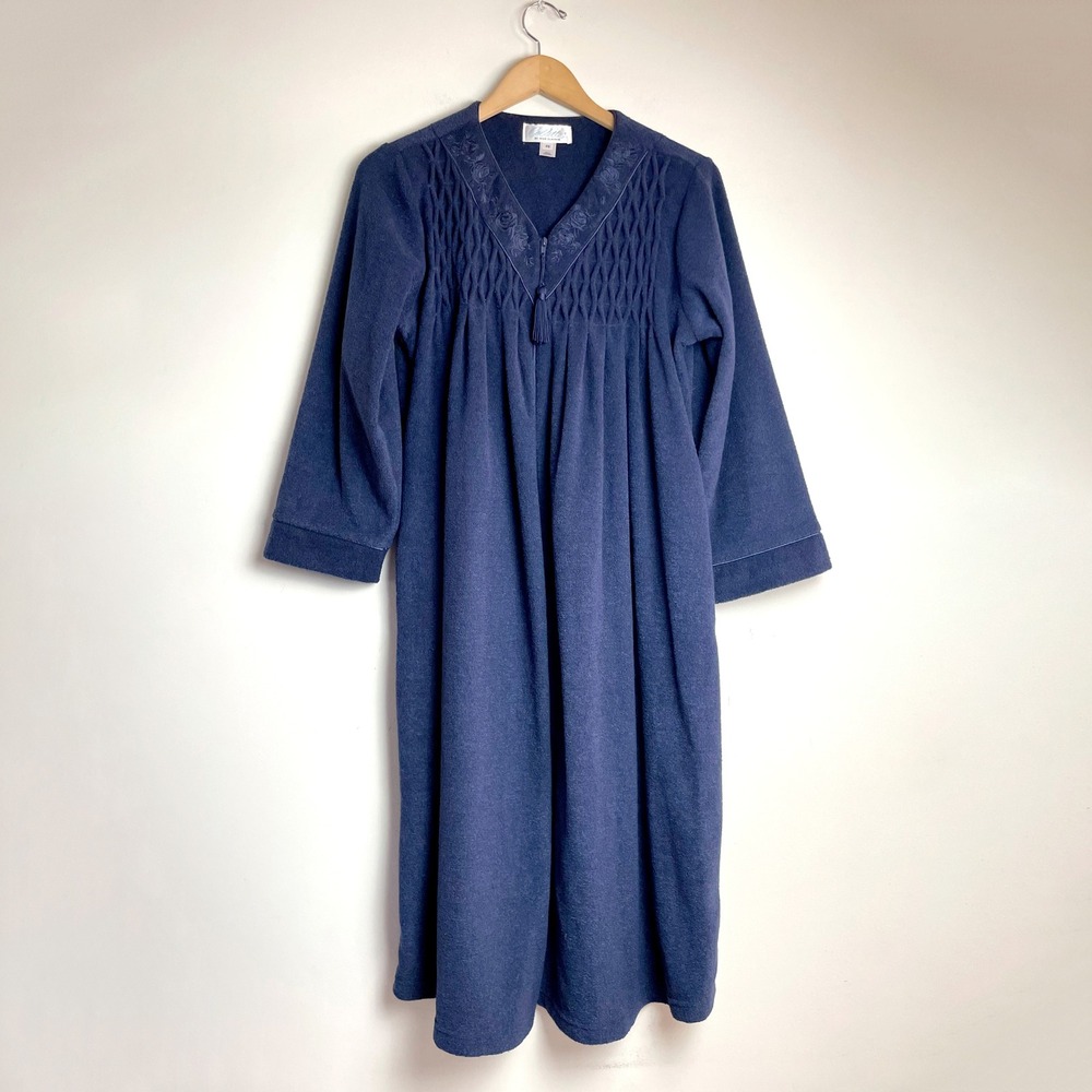 Navy Blue Fleece Smocked Floral Nightgown Robe Vintage Grandmacore Cozy Granny